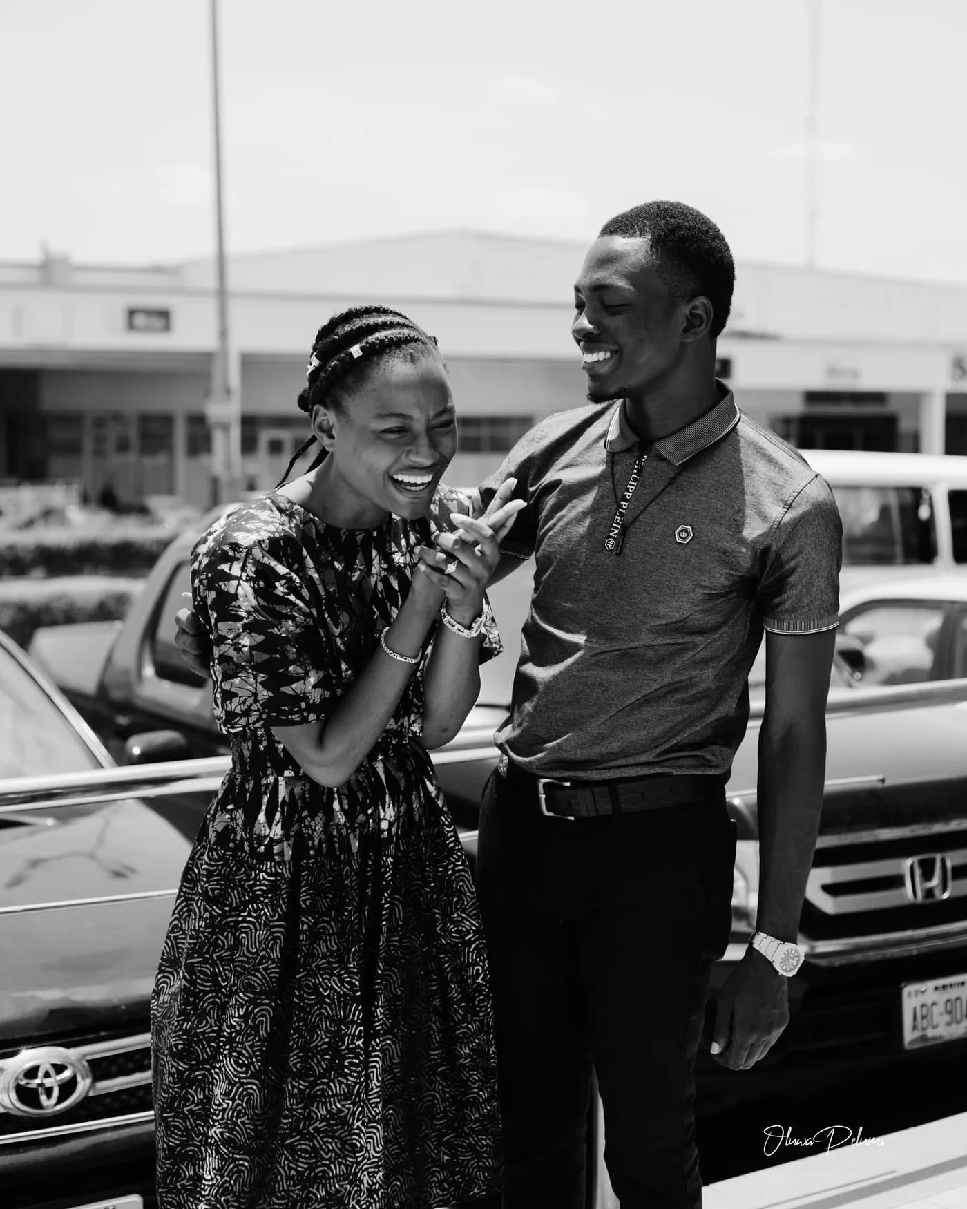The couple laughing together